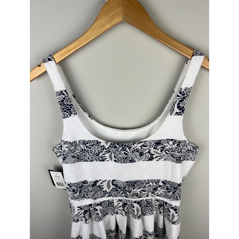 Nautical Navy Blue White Floral Lace‎ Striped Fit Flare Dress size Meduim - Picture 7 of 10